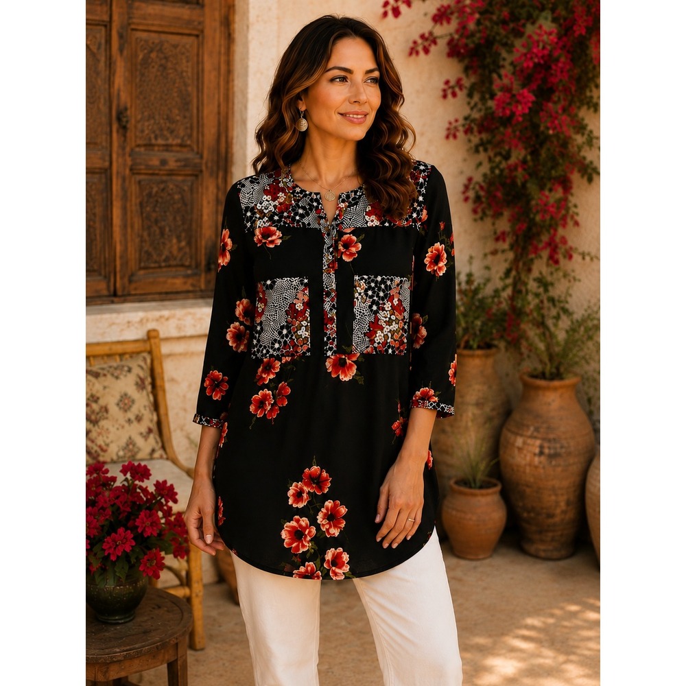 Fig and Flower Black Floral Mixed Media Tunic Top 2X Red Poppies 3/4 Sleeve